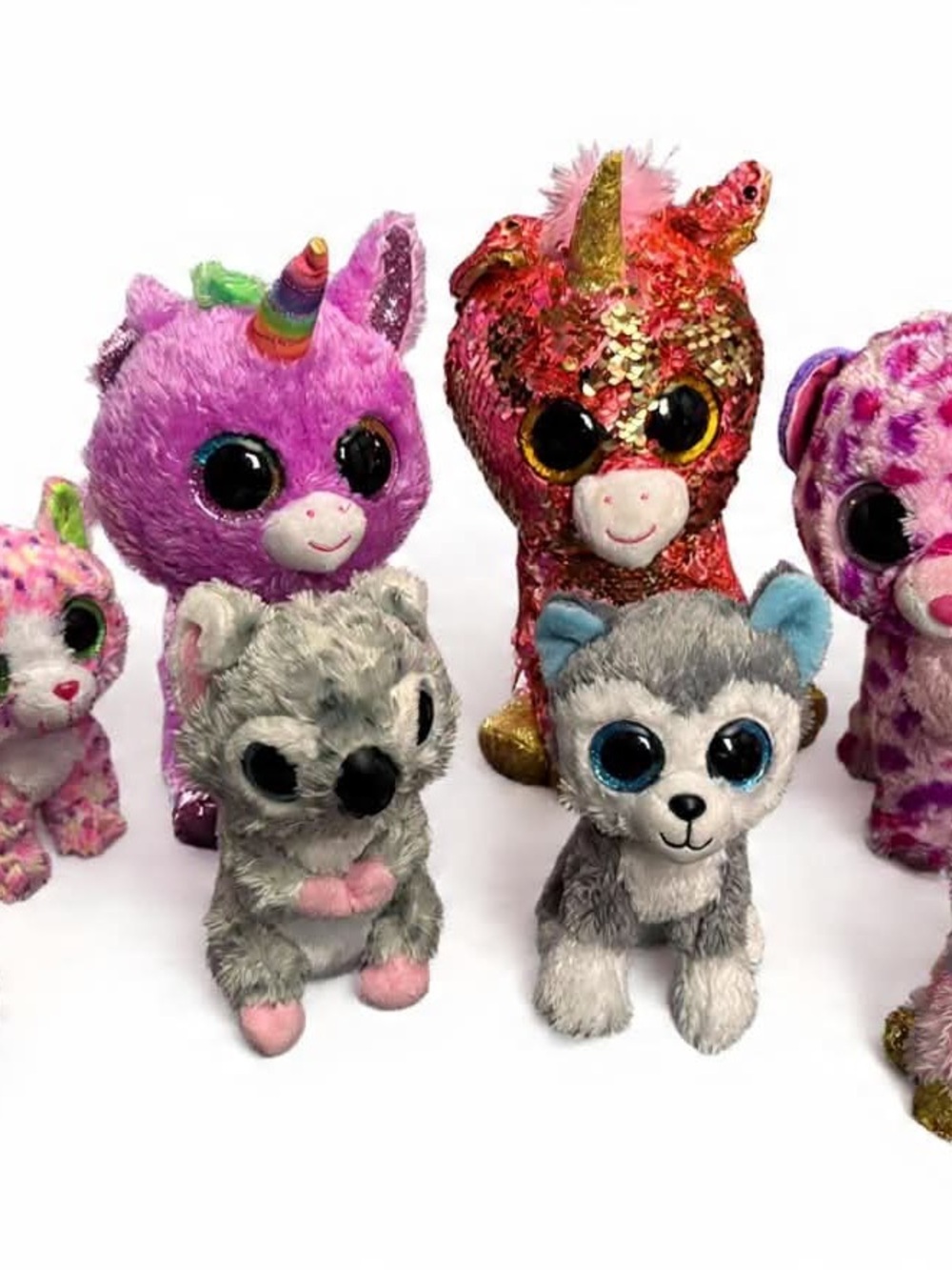 Ty Plush Unicorns and Husky Small Pet Plush Set - Pink, Purple, Gray, Red